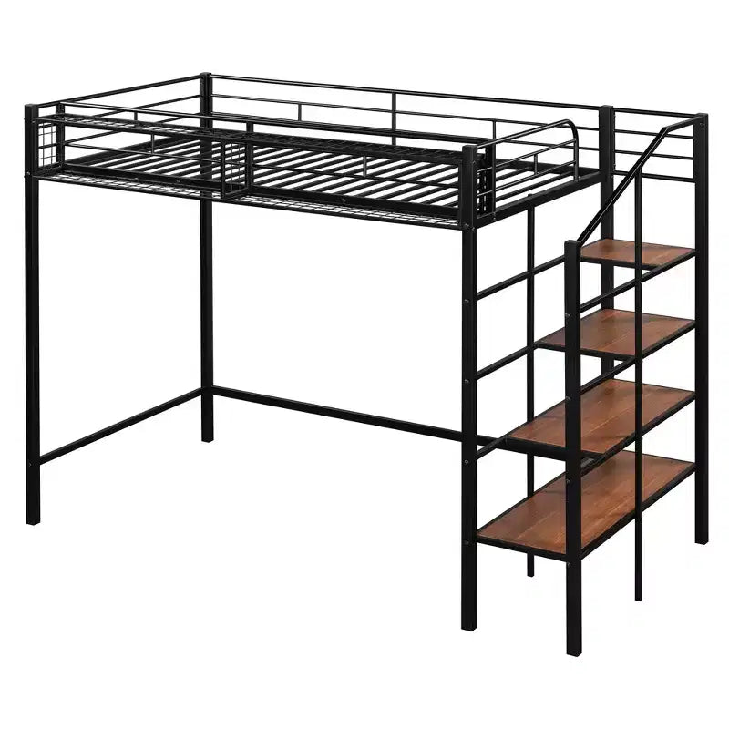 Twin Size Metal Loft Bed with Storage Shelf and Staircase