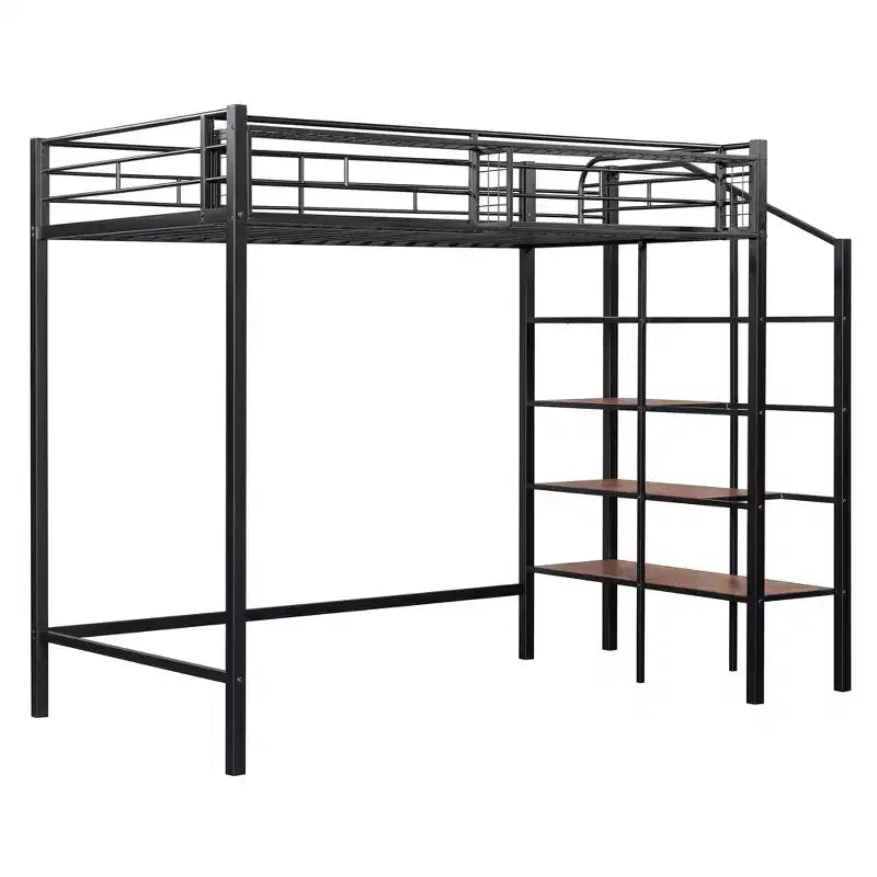 Twin Size Metal Loft Bed with Storage Shelf and Staircase
