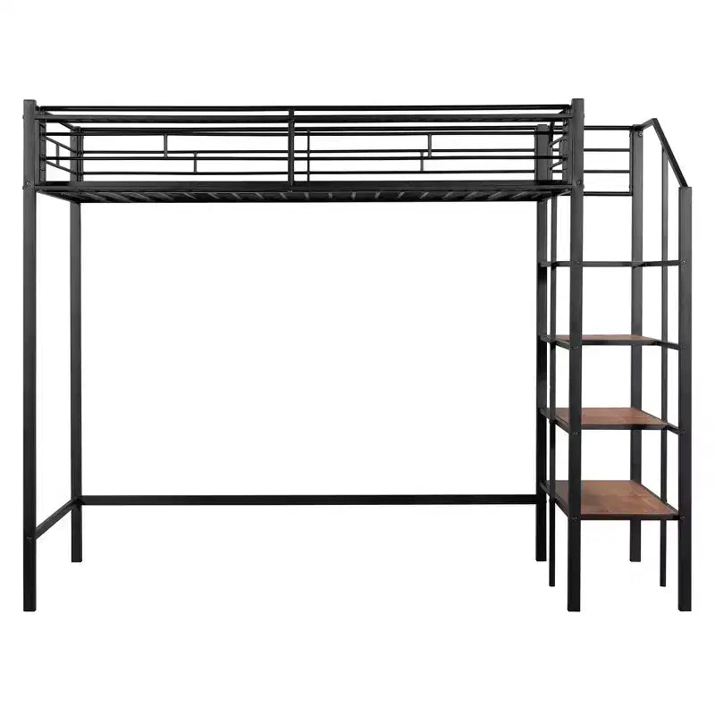 Twin Size Metal Loft Bed with Storage Shelf and Staircase