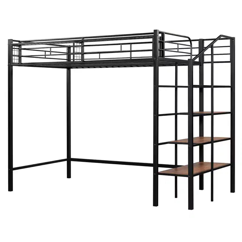 Twin Size Metal Loft Bed with Storage Shelf and Staircase