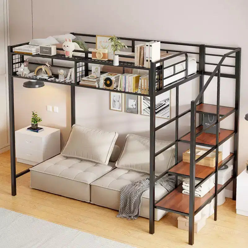 Twin Size Metal Loft Bed with Upper Grid Storage Shelf, Heavy Duty Metal Bed Frame with Storage Staircase for Bedroom Apartment