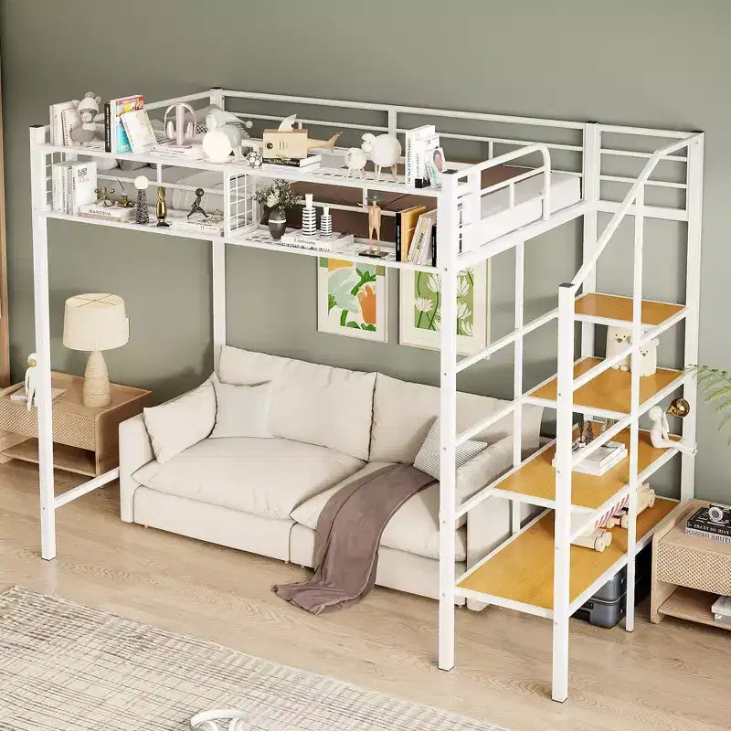 Twin Size Metal Loft Bed with Storage Shelf and Staircase