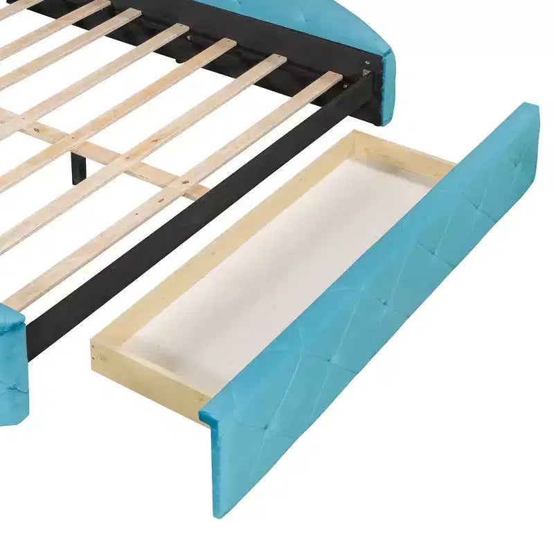 Velvet Upholstered Platform Bed with Wingback Headboard, Drawer and Storage Bench