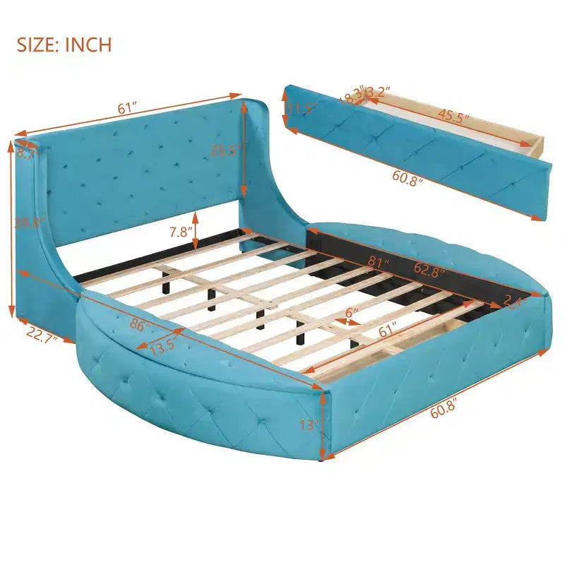 Velvet Upholstered Platform Bed with Wingback Headboard, Drawer and Storage Bench