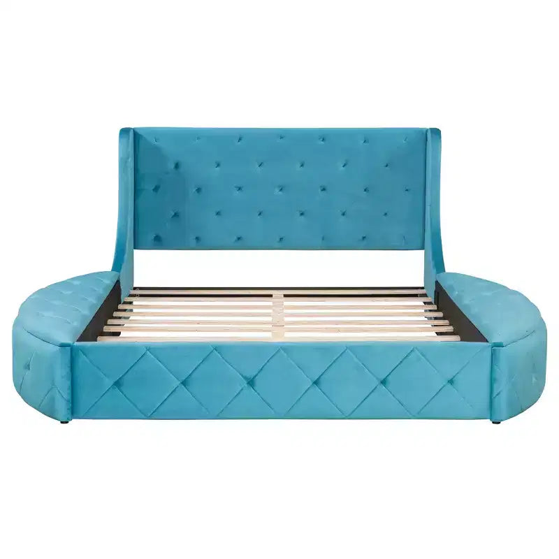 Velvet Upholstered Platform Bed with Wingback Headboard, Drawer and Storage Bench