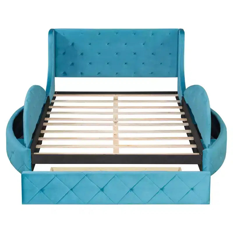 Velvet Upholstered Platform Bed with Wingback Headboard, Drawer and Storage Bench