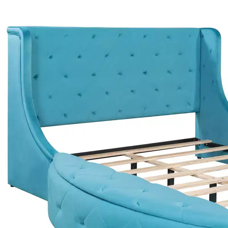 Velvet Upholstered Platform Bed with Wingback Headboard, Drawer and Storage Bench