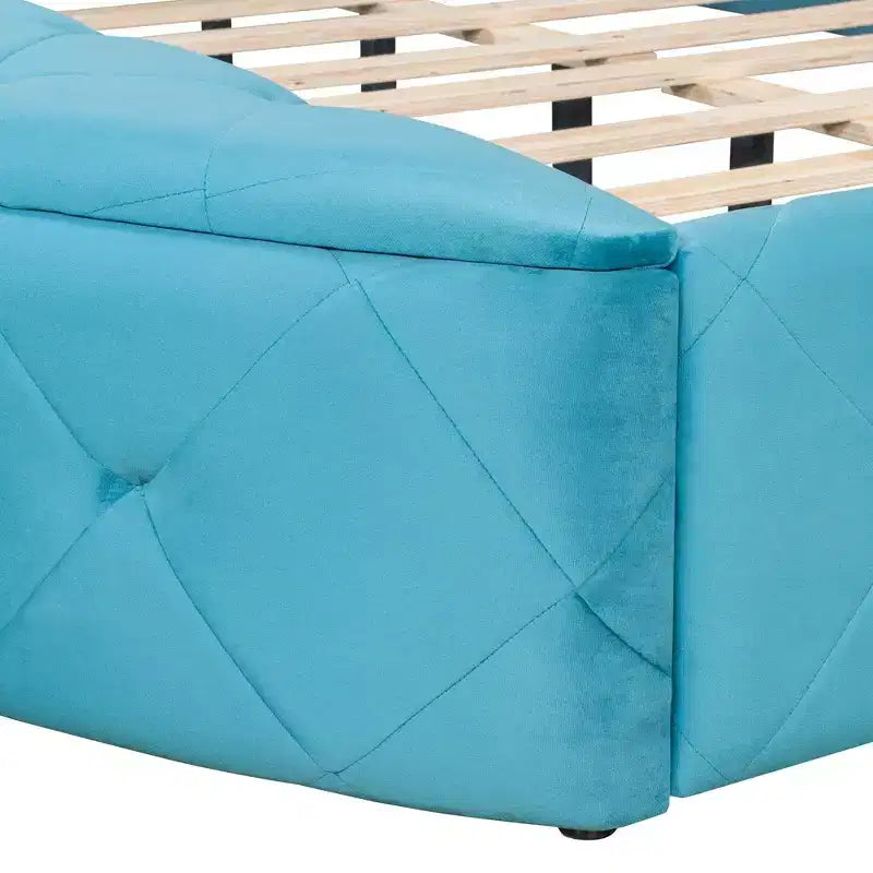 Velvet Upholstered Platform Bed with Wingback Headboard, Drawer and Storage Bench