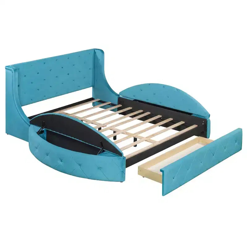Velvet Upholstered Platform Bed with Wingback Headboard, Drawer and Storage Bench