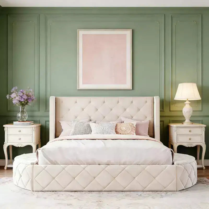 Luxystar Queen Velvet Upholstered Platform Bed with Wingback Headboard, 1 Big Drawer and 2 Side Storage Bench