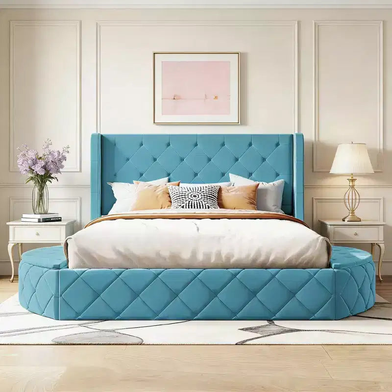 Velvet Upholstered Platform Bed with Wingback Headboard, Drawer and Storage Bench