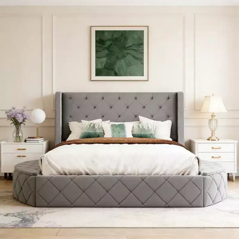 Velvet Upholstered Platform Bed with Wingback Headboard, Drawer and Storage Bench