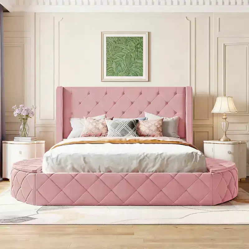 Velvet Upholstered Platform Bed with Wingback Headboard, Drawer and Storage Bench