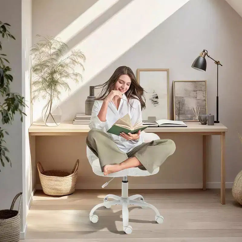 Cat Paw Vanity Chair - Cute Armless Desk Chair with Wheels, 360 Rotating Teddy Fabric Computer Chair for Kids Room, Office & Bedroom