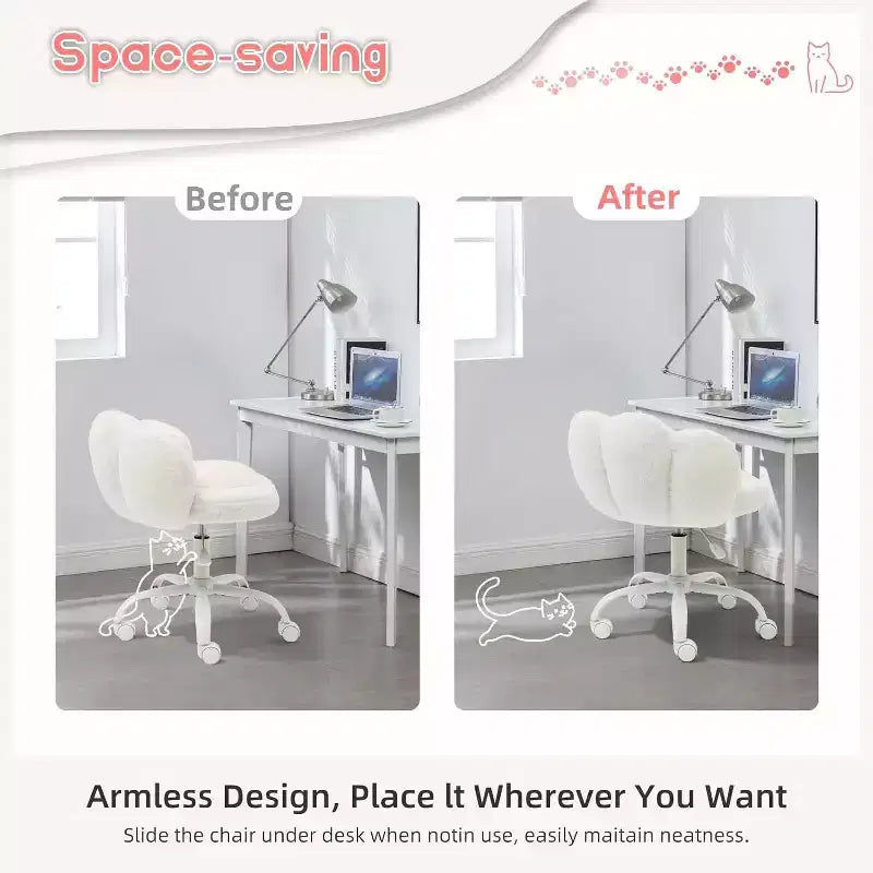 Cat Paw Vanity Chair - Cute Armless Desk Chair with Wheels, 360 Rotating Teddy Fabric Computer Chair for Kids Room, Office & Bedroom