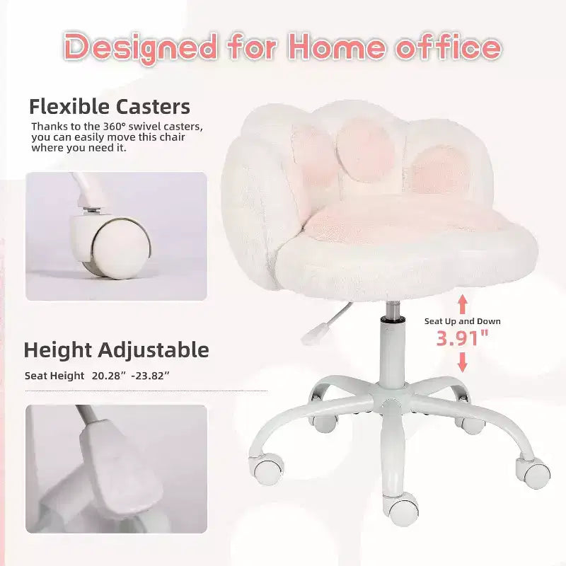 Cat Paw Vanity Chair - Cute Armless Desk Chair with Wheels, 360 Rotating Teddy Fabric Computer Chair for Kids Room, Office & Bedroom