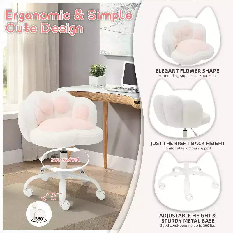 Cat Paw Vanity Chair - Cute Armless Desk Chair with Wheels, 360 Rotating Teddy Fabric Computer Chair for Kids Room, Office & Bedroom