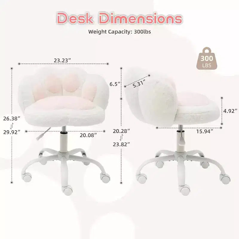 Cat Paw Vanity Chair - Cute Armless Desk Chair with Wheels, 360 Rotating Teddy Fabric Computer Chair for Kids Room, Office & Bedroom