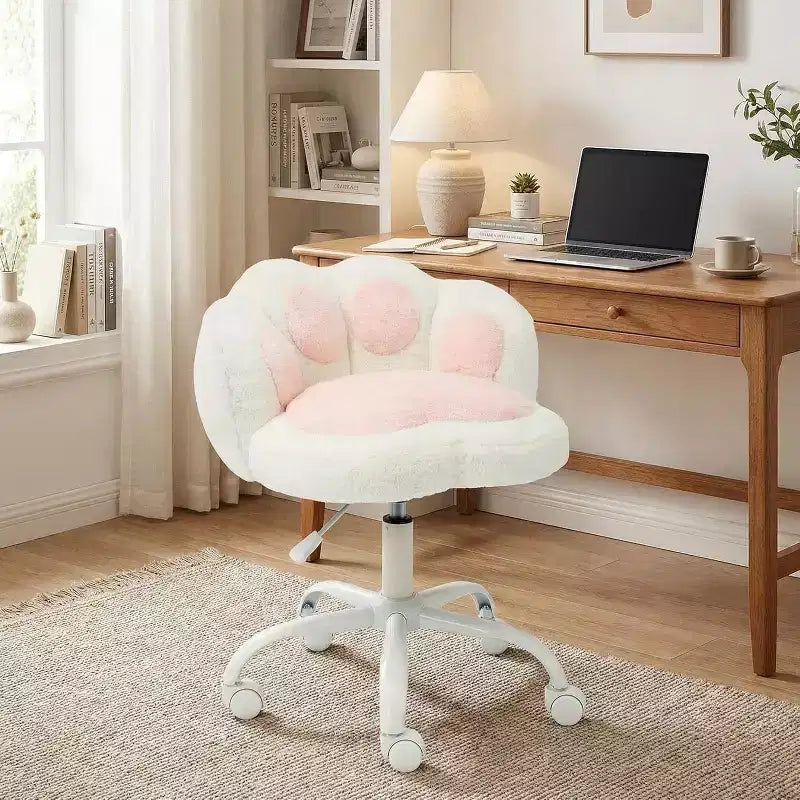 Cat Paw Vanity Chair - Cute Armless Desk Chair with Wheels, 360 Rotating Teddy Fabric Computer Chair for Kids Room, Office & Bedroom