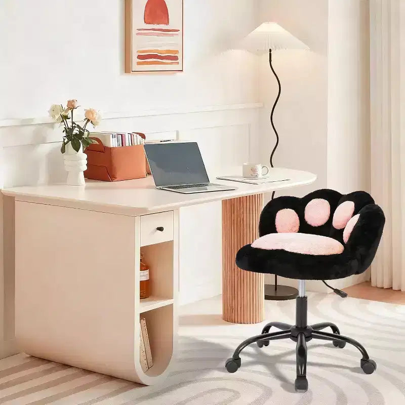 Cat Paw Vanity Chair - Cute Armless Desk Chair with Wheels, 360 Rotating Teddy Fabric Computer Chair for Kids Room, Office & Bedroom