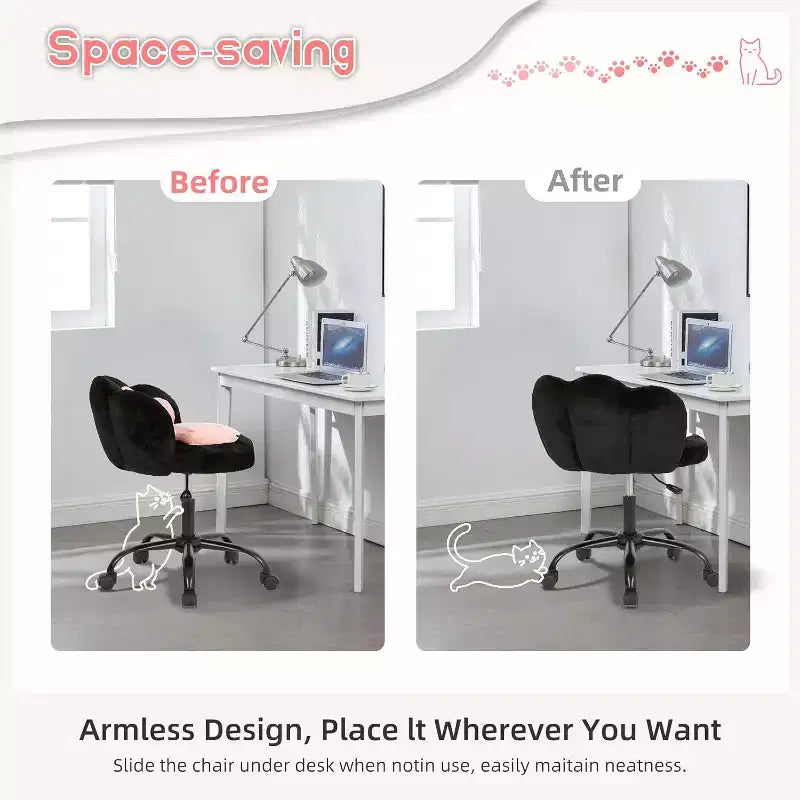Cat Paw Vanity Chair - Cute Armless Desk Chair with Wheels, 360 Rotating Teddy Fabric Computer Chair for Kids Room, Office & Bedroom