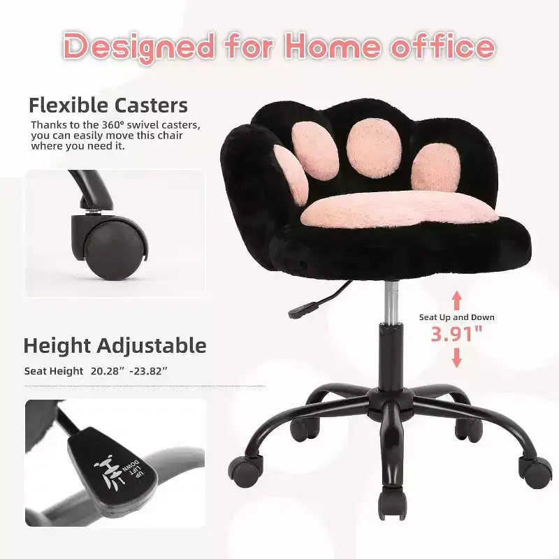 Cat Paw Vanity Chair - Cute Armless Desk Chair with Wheels, 360 Rotating Teddy Fabric Computer Chair for Kids Room, Office & Bedroom
