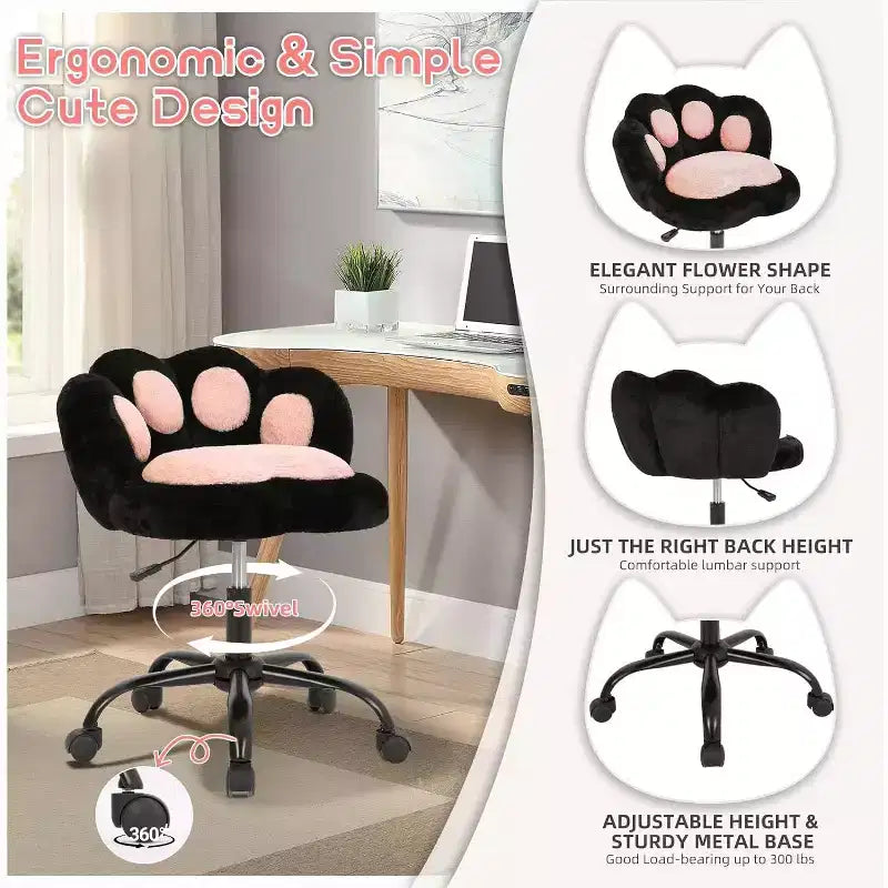 Cat Paw Vanity Chair - Cute Armless Desk Chair with Wheels, 360 Rotating Teddy Fabric Computer Chair for Kids Room, Office & Bedroom