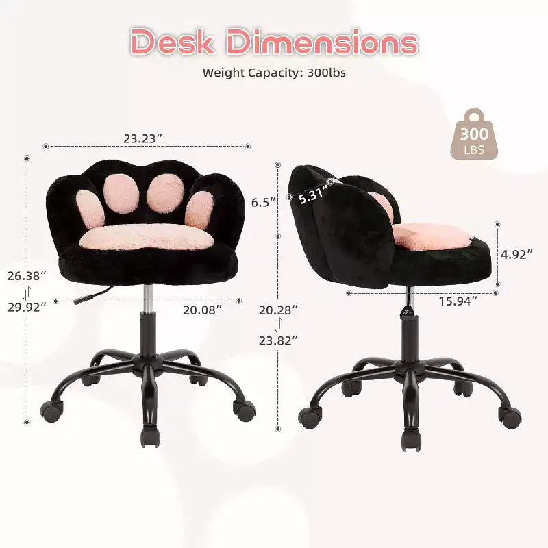 Cat Paw Vanity Chair - Cute Armless Desk Chair with Wheels, 360 Rotating Teddy Fabric Computer Chair for Kids Room, Office & Bedroom