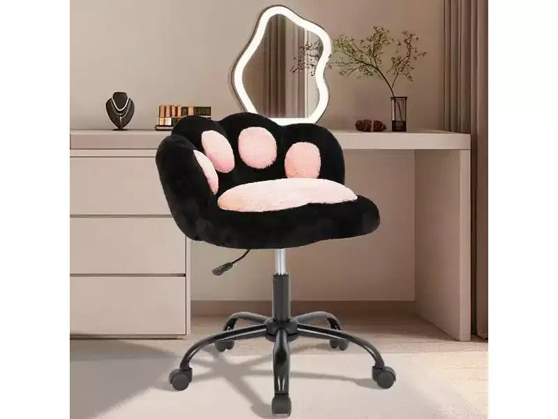 GustoWave Cat Paw Vanity Chair - Cute Armless Desk Chair with Wheels, 360 Rotating Teddy Fabric Computer Chair for Kids Room, Office & Bedroom