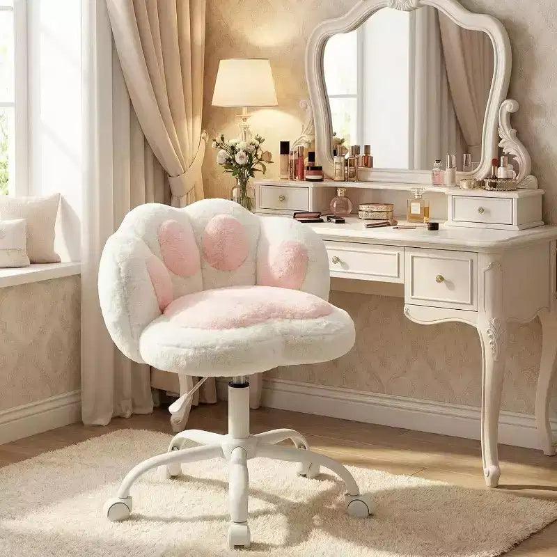 Cat Paw Vanity Chair - Cute Armless Desk Chair with Wheels, 360 Rotating Teddy Fabric Computer Chair for Kids Room, Office & Bedroom