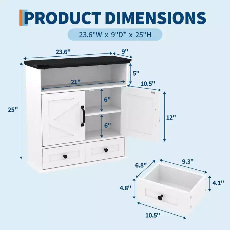 23.6" Bathroom Wall Cabinet with Barn Doors & Adjustable Shelves – Wall Mounted Storage
