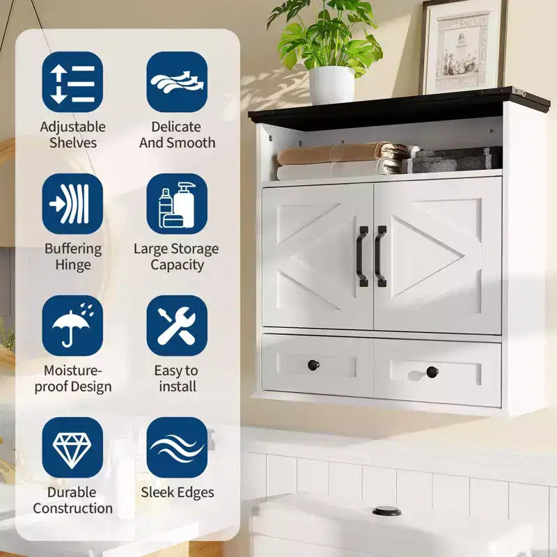 23.6" Bathroom Wall Cabinet with Barn Doors & Adjustable Shelves – Wall Mounted Storage