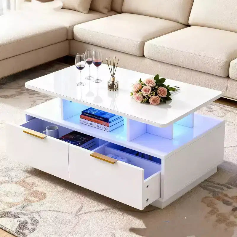 High-gloss coffee table, rectangular coffee table, adjustable color, 4 drawers and open shelving, 35-inch sofa table, suitable for living room.