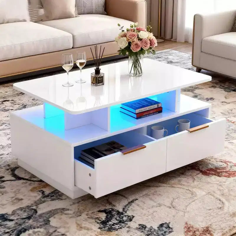 High-Gloss Coffee Table with LED Lighting, 4 Drawers & Open Shelf, 35-Inch