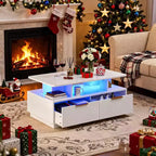Table basse laquée avec éclairage LED, 4 tiroirs et étagère ouverte, 89 cm