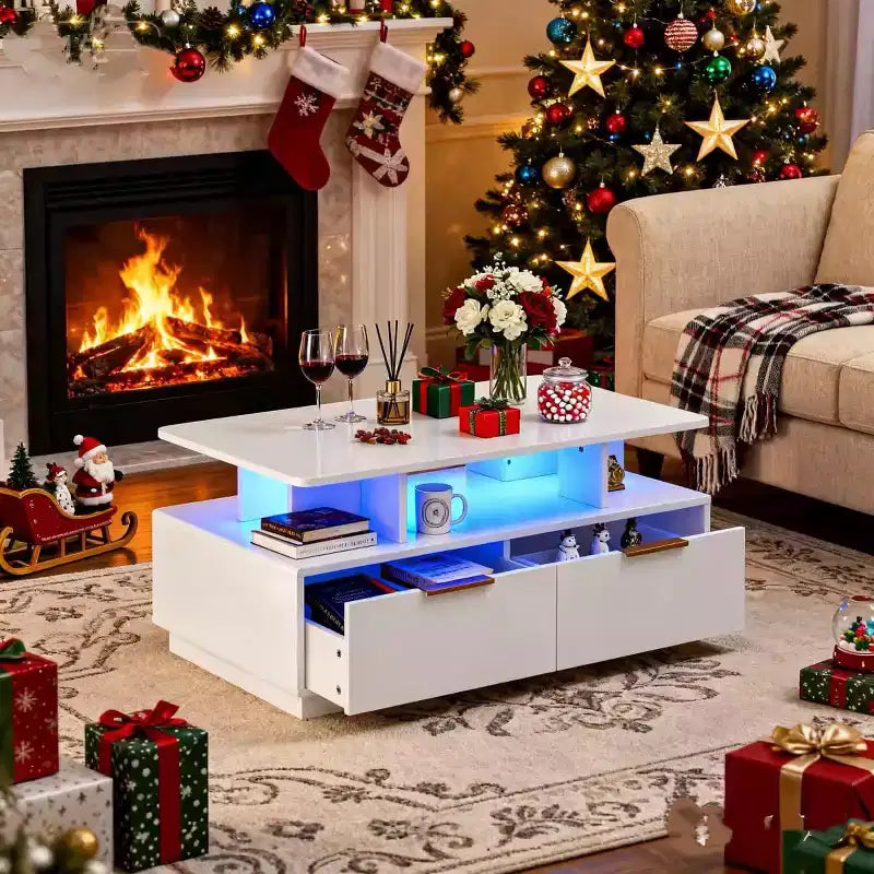 High-Gloss Coffee Table with LED Lighting, 4 Drawers & Open Shelf, 35-Inch