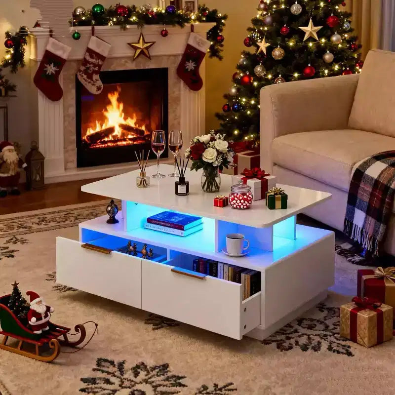 High-Gloss Coffee Table with LED Lighting, 4 Drawers & Open Shelf, 35-Inch