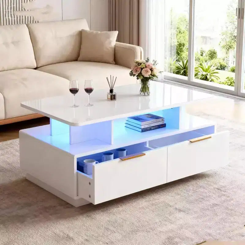 High-Gloss Coffee Table with LED Lighting, 4 Drawers & Open Shelf, 35-Inch