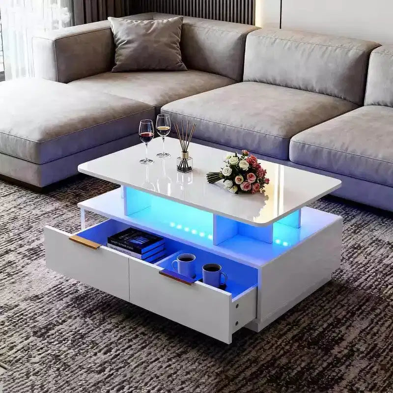 High-Gloss Coffee Table with LED Lighting, 4 Drawers & Open Shelf, 35-Inch