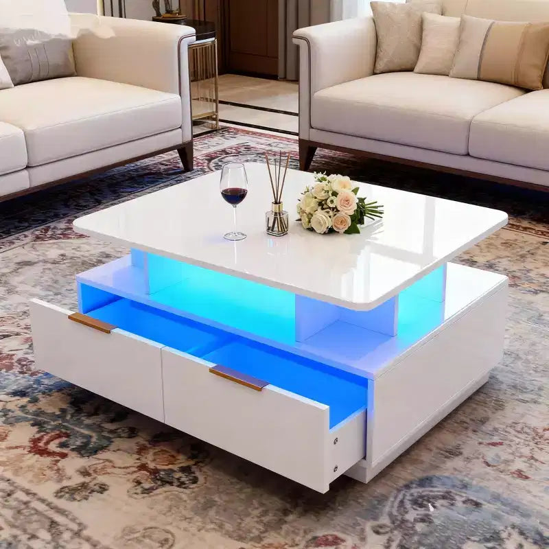High-Gloss Coffee Table with LED Lighting, 4 Drawers & Open Shelf, 35-Inch