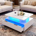 Table basse laquée avec éclairage LED, 4 tiroirs et étagère ouverte, 89 cm