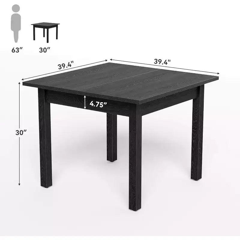 39-inch Square Black Wooden Dining Table, Seats 4, Modern Style for Kitchen & Living Room