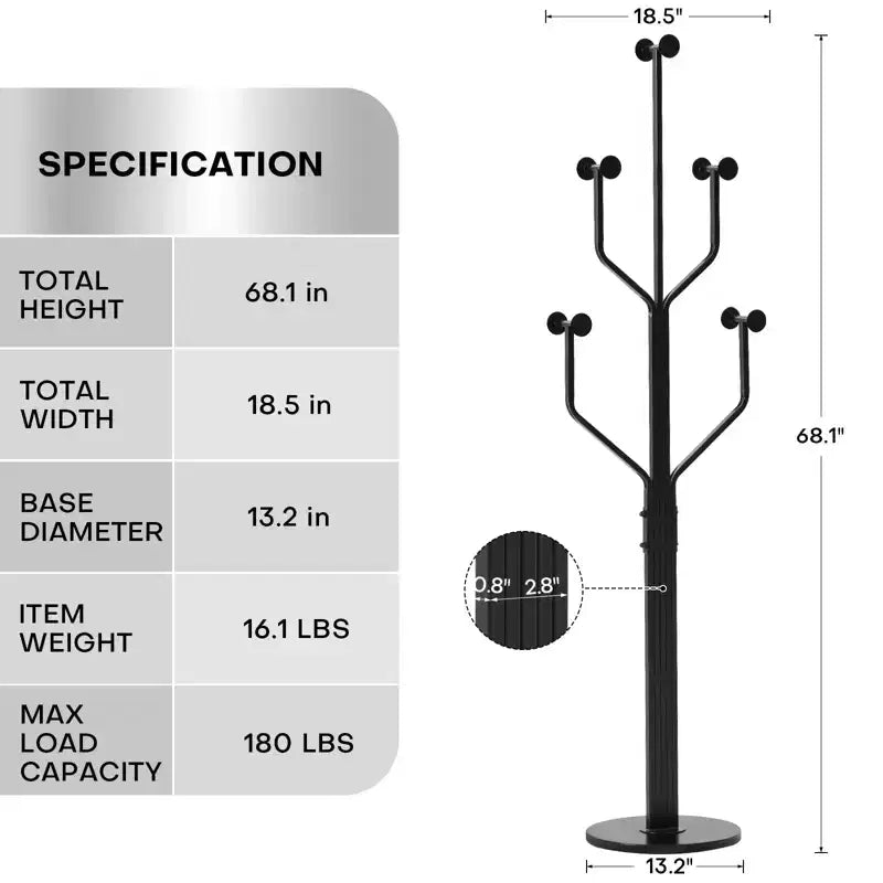 Metal Freestanding Coat Rack with 10 Hooks and Sturdy Marble Round Base, Heavy-Duty Hall Tree for Hats & Bags, Entryway Storage Stand