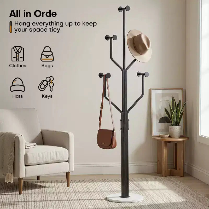 Metal Freestanding Coat Rack with 10 Hooks and Sturdy Marble Round Base, Heavy-Duty Hall Tree for Hats & Bags, Entryway Storage Stand