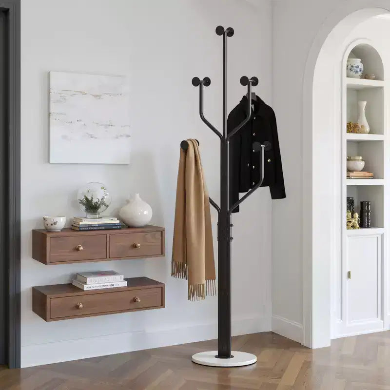 Metal Freestanding Coat Rack with 10 Hooks and Sturdy Marble Round Base, Heavy-Duty Hall Tree for Hats & Bags, Entryway Storage Stand