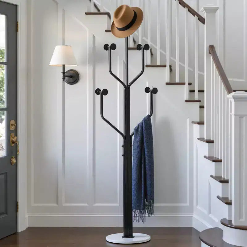 Metal Freestanding Coat Rack with 10 Hooks and Sturdy Marble Round Base, Heavy-Duty Hall Tree for Hats & Bags, Entryway Storage Stand