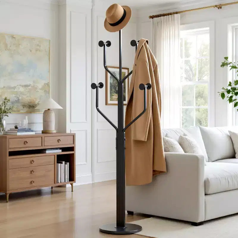 Metal Freestanding Coat Rack with 10 Hooks and Sturdy Marble Round Base, Heavy-Duty Hall Tree for Hats & Bags, Entryway Storage Stand