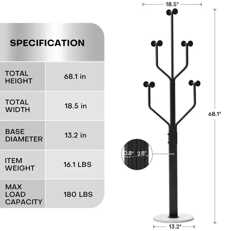 Metal Freestanding Coat Rack with 10 Hooks and Sturdy Marble Round Base, Heavy-Duty Hall Tree for Hats & Bags, Entryway Storage Stand