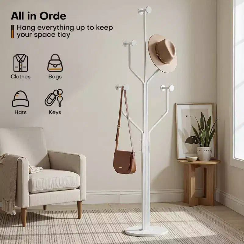 Metal Freestanding Coat Rack with 10 Hooks and Sturdy Marble Round Base, Heavy-Duty Hall Tree for Hats & Bags, Entryway Storage Stand