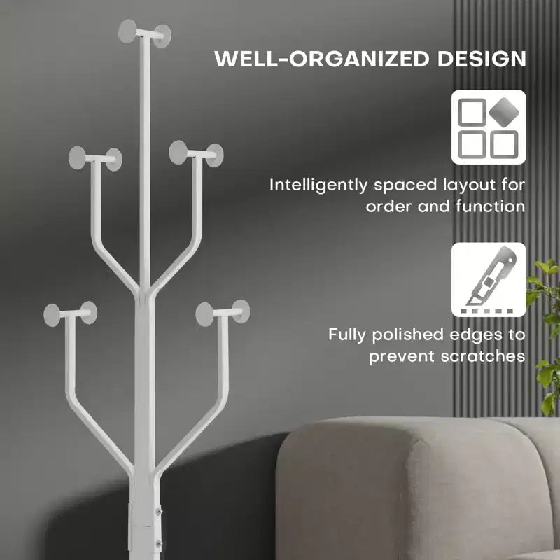 Metal Freestanding Coat Rack with 10 Hooks and Sturdy Marble Round Base, Heavy-Duty Hall Tree for Hats & Bags, Entryway Storage Stand